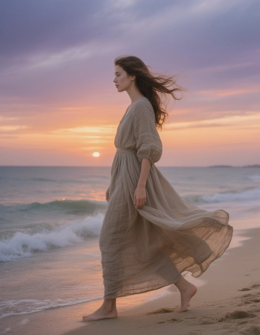 A woman in a flowing, beige linen maxi dress walks barefoot on a beach at dusk. The sea breeze gently lifts her skirt and hair. The setting sun paints the sky in shades of orange and purple. The scene is tranquil, beautiful, and filled with a sense of nature.