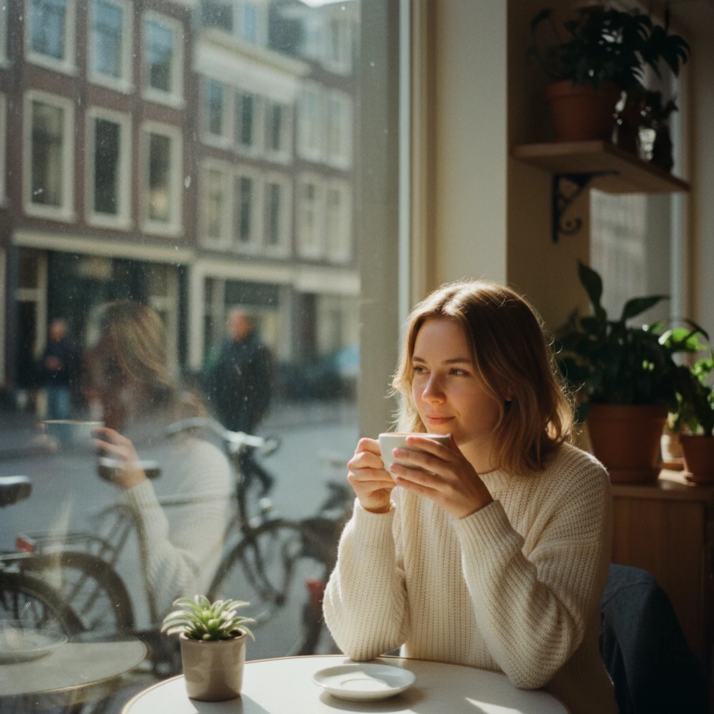 A young woman in her mid-20s sitting by a café window, wearing a beige sweater, holding a cup of coffee, natural morning sunlight on her face, candid street photography style.