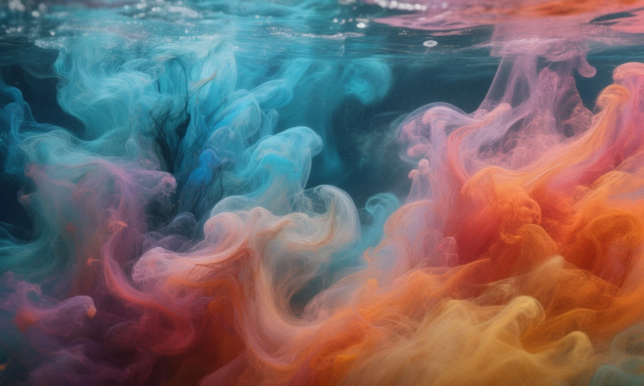 Inks of various colors spread gracefully in water, mimicking the flowing form of a silk skirt. The colors blend into each other, creating complex, organic patterns. Light from below the water makes the entire image look like a vivid abstract painting, full of movement and poetry.