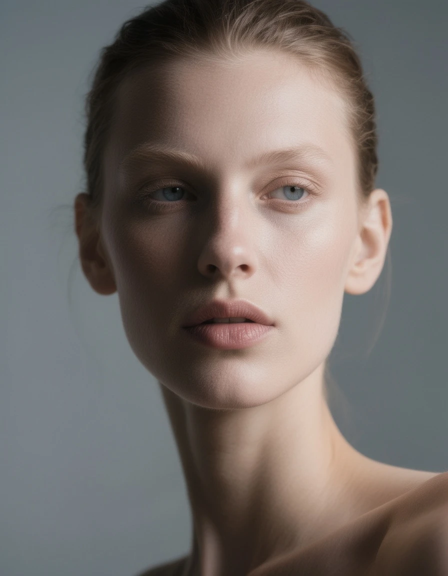 Close-up portrait of a model with sculptural facial features, against a solid color background (e.g., premium grey or Morandi color), dramatic side lighting creating a strong three-dimensional effect, ethereal gaze, minimalist composition, fashion magazine cover quality.