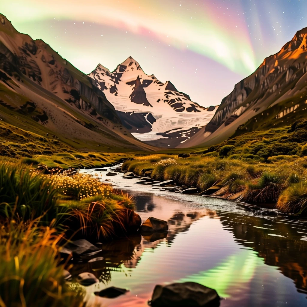 Turn into a night scene with snow-covered peaks and aurora borealis glowing in the sky