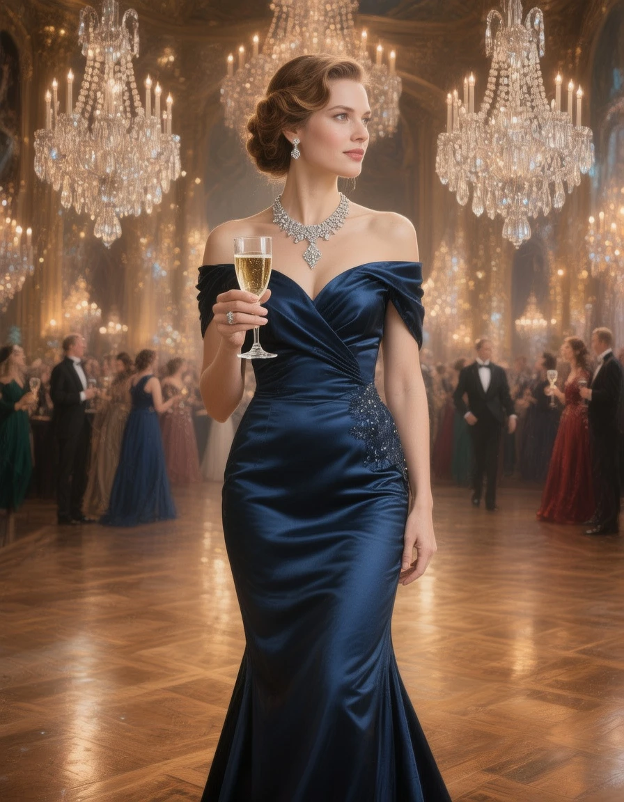 A lady in a midnight-blue off-the-shoulder silk evening gown, wearing a sparkling diamond necklace, standing in a magnificent ballroom, holding a glass of champagne, crystal chandeliers and blurred crowd in the background, noble and elegant atmosphere, cinematic lighting, ultra-realistic.
