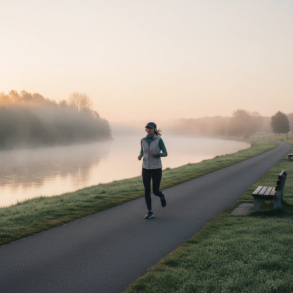 A jogger running along a riverside path in the early morning, wearing sportswear, light fog over the water.