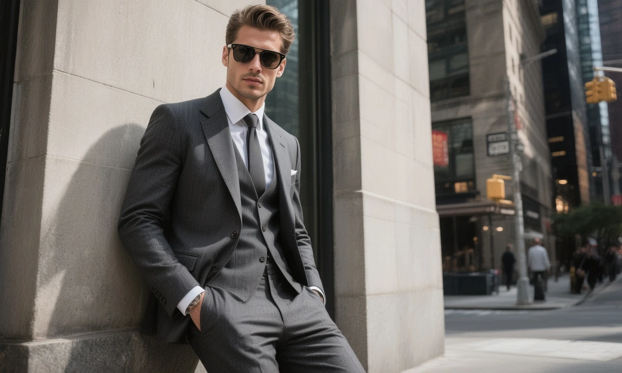 A handsome man in a well-tailored dark grey suit is leaning against the wall of a modern building in New York. He is wearing sunglasses and has a confident expression. The scene is lit with dramatic hard lighting, creating strong shadows and an urban chic feel, in the style of a Vogue editorial.