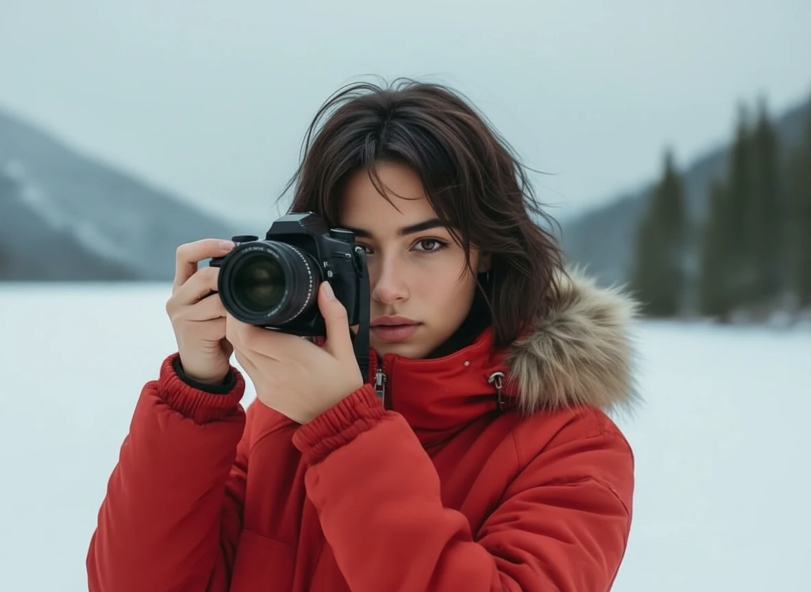 The girl is holding a camera and facing the lens.