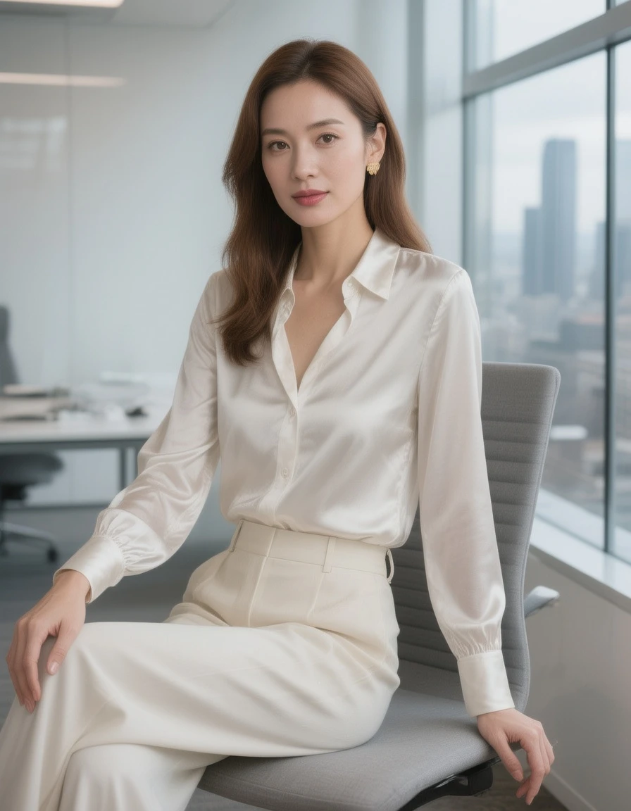 A confident professional woman is sitting in a minimalist office. She is wearing a white silk blouse and high-waisted wide-leg pants. The background shows a floor-to-ceiling window with a view of the city skyline. The indoor lighting is bright and even, creating a realistic portrait.