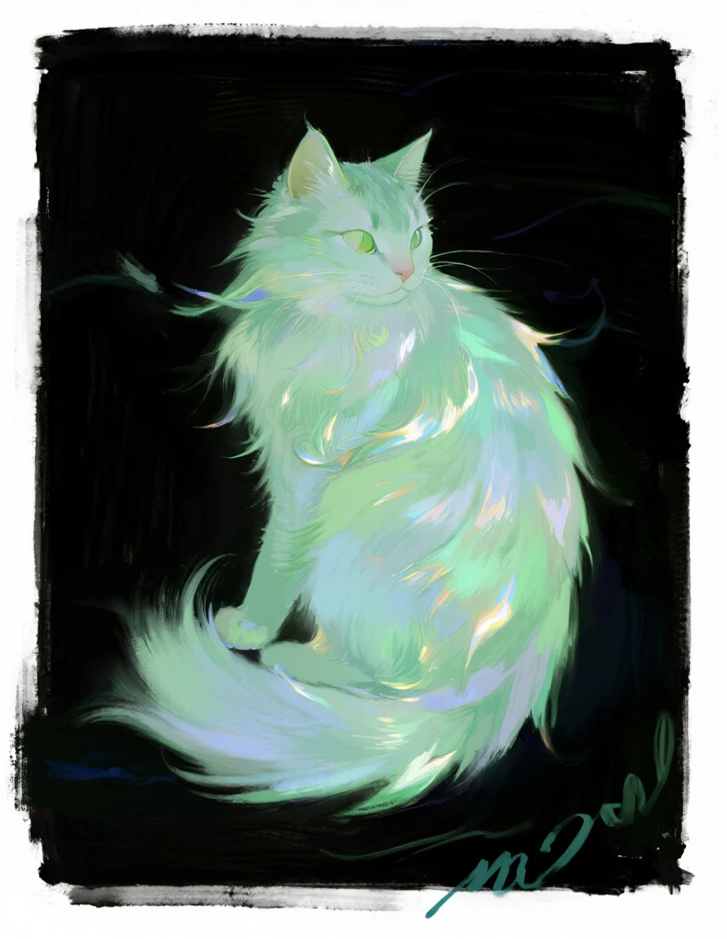 A digital artwork of cat composed entirely of wind, set against a black background.