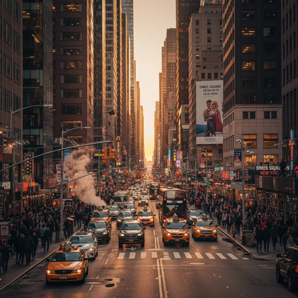 A bustling New York street at sunset, golden light reflecting on skyscrapers, cinematic lighting