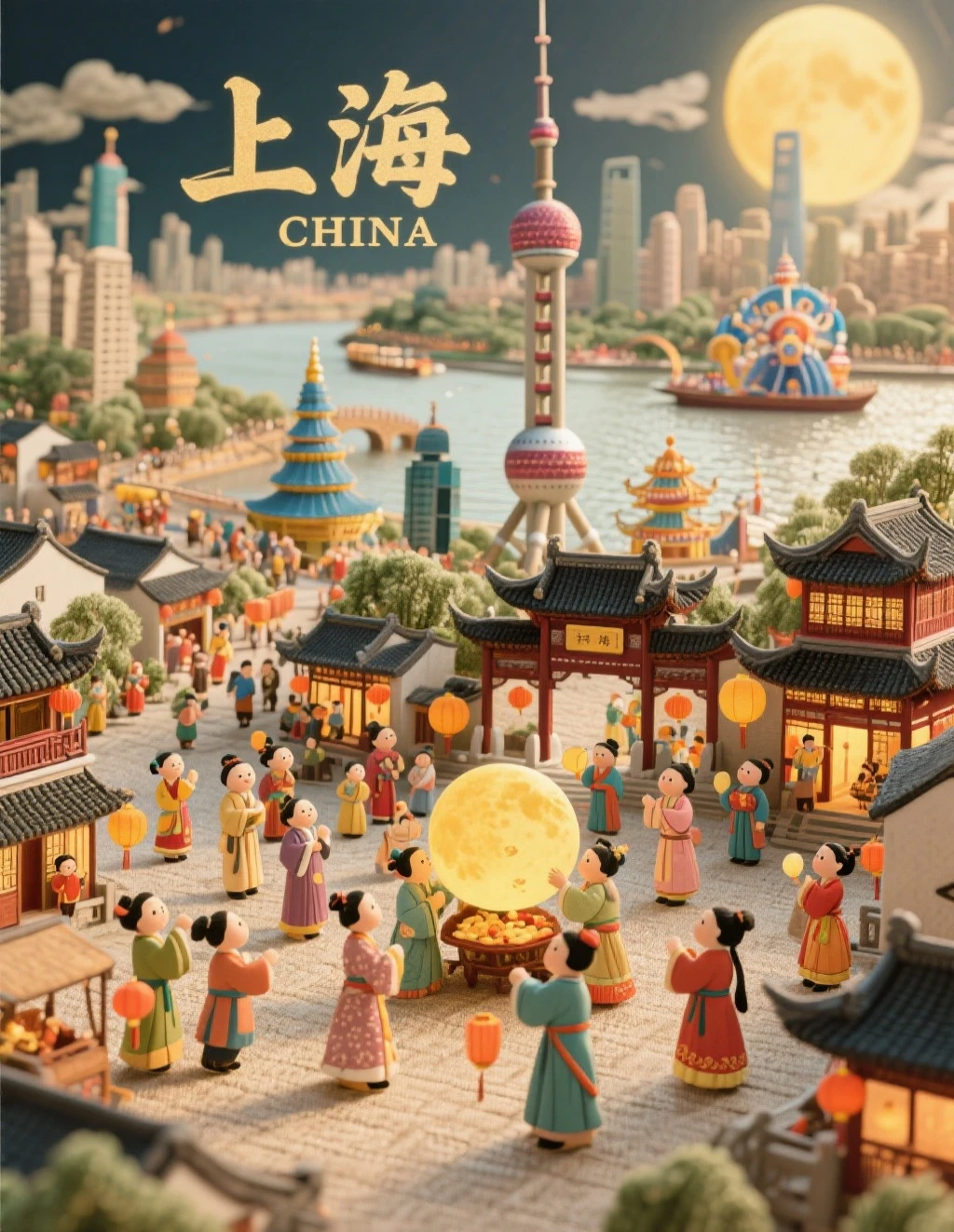 清明上河图风格,平面面展现江南立体图景,集合东方明珠、城隍庙、上海迪士尼、黄浦江等特色,图上有"上海"及"CHINA"标识,构图灵动,有小人儿在搞中秋节活动,配色浓郁热烈,充满市井烟火气。表面处理为亚麻效果,侧光烘托层次,背景采用颜色丰富,超高清画质,纤毫毕现,史诗级视角,精品,图片上方有“中秋节”真实。