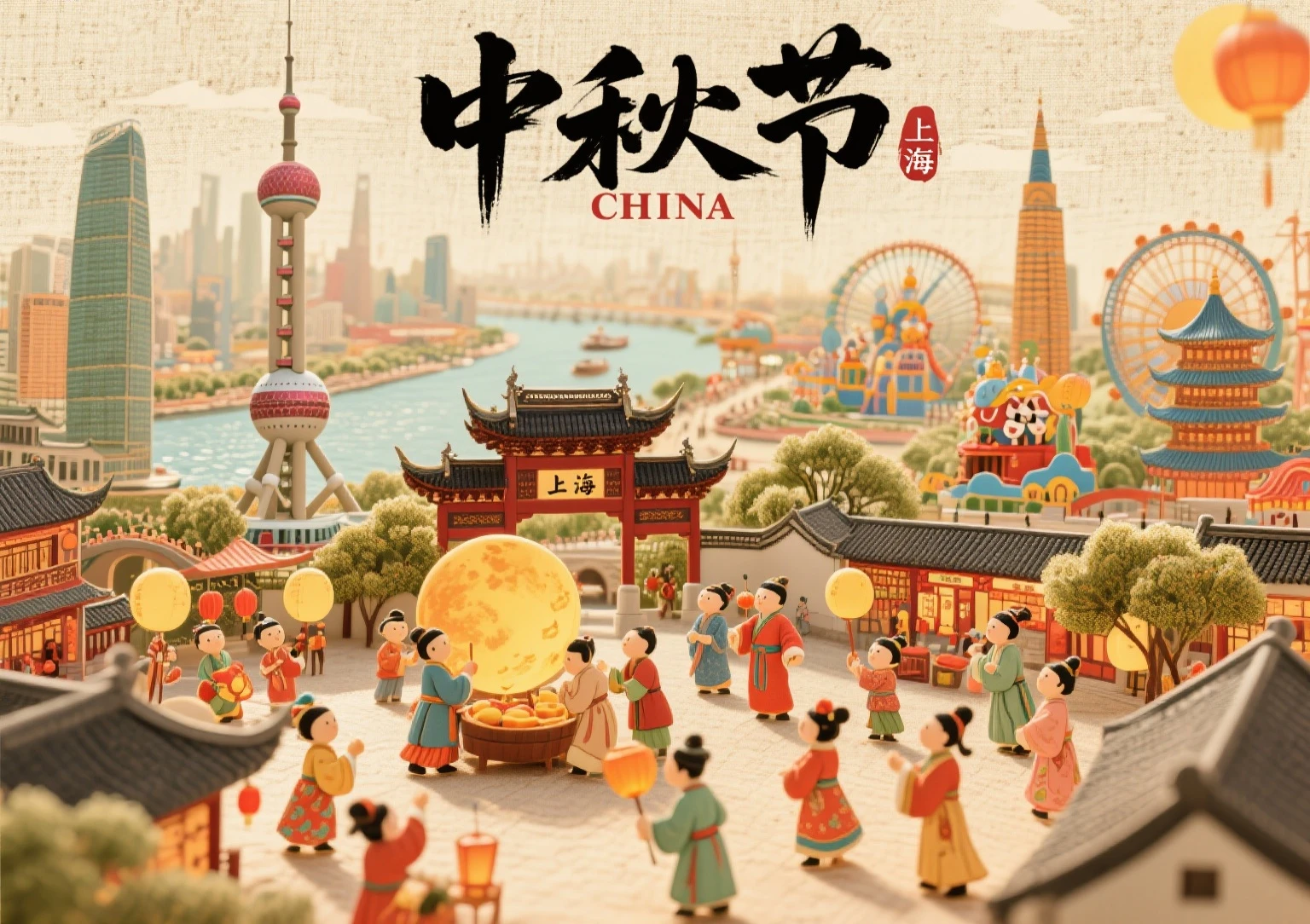 清明上河图风格,平面面展现江南立体图景,集合东方明珠、城隍庙、上海迪士尼、黄浦江等特色,图上有"上海"及"CHINA"标识,构图灵动,有小人儿在搞中秋节活动,配色浓郁热烈,充满市井烟火气。表面处理为亚麻效果,侧光烘托层次,背景采用颜色丰富,超高清画质,纤毫毕现,史诗级视角,精品,图片上方有“中秋节”真实。