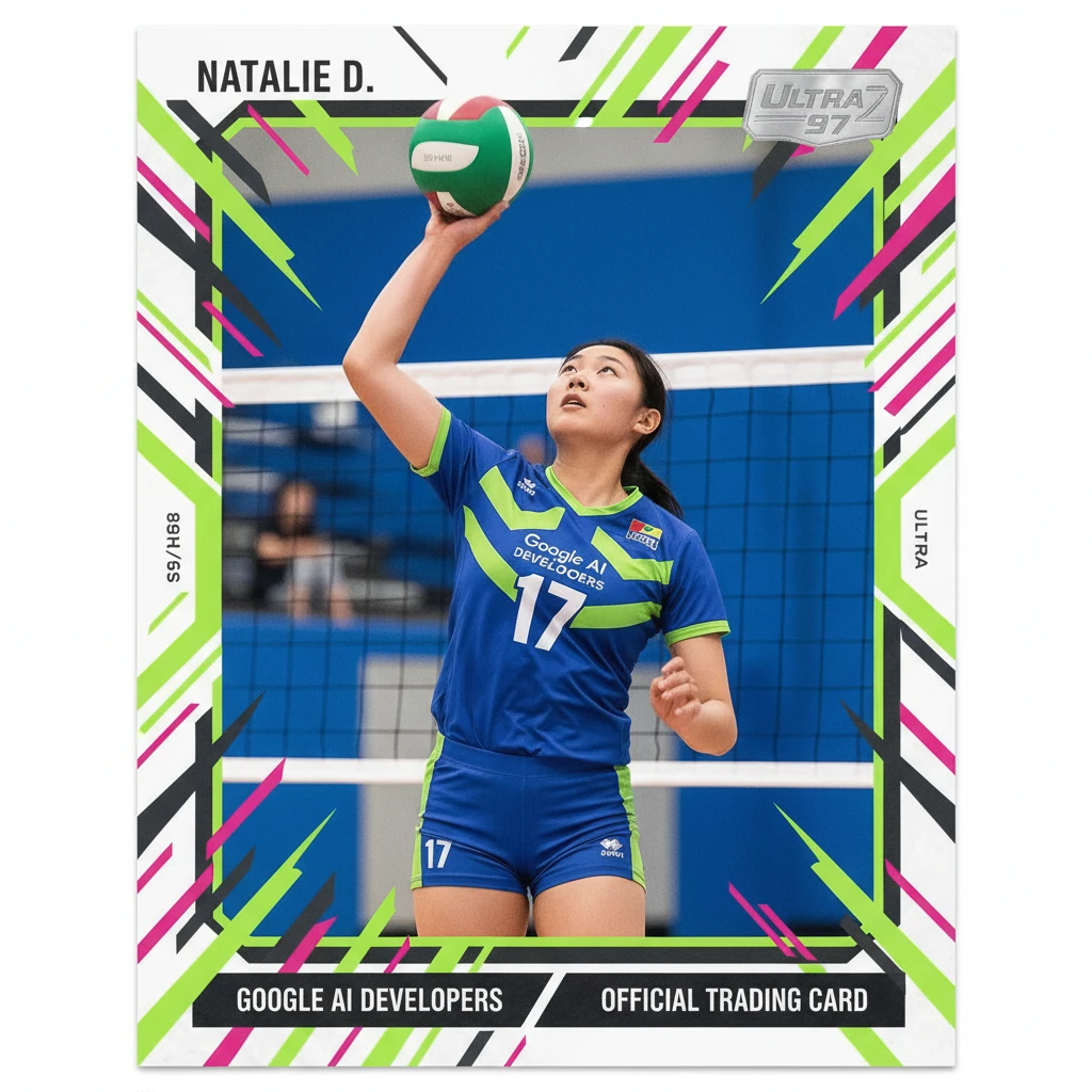 A focused, dynamic action shot of a young East Asian female volleyball player, "Natalie D.", captured mid-serve in an indoor gymnasium. She is poised with a green, white, and brown volleyball in her raised right hand, looking upwards with concentration. She is wearing a modern athletic volleyball uniform: a short-sleeved, royal blue jersey with bright lime green chevron patterns and the text "GOOGLE AI DEVELOPERS" and the number "17" prominently displayed. She also wears matching royal blue spandex shorts with lime green accents. A white volleyball net is visible in the slightly blurred background, with the gym's blue wall beyond it. The image is framed within an elaborate, modern sports trading card design: a thick white border with numerous angular, abstract diagonal and parallel lines in bright lime green, hot pink, and dark grey creating a very energetic and dynamic visual. "NATALIE D." is at the top left in a bold white font. The top right has a rectangular "ULTRA 97" emblem. The bottom features a black bar with "GOOGLE AI DEVELOPERS" and "OFFICIAL TRADING CARD" in white text. Various other graphic elements and smaller texts ("SA/R98", "ULTRA") are scattered on the sides of the border. The lighting is bright and even, typical of an indoor sports facility, with crisp focus on the athlete.