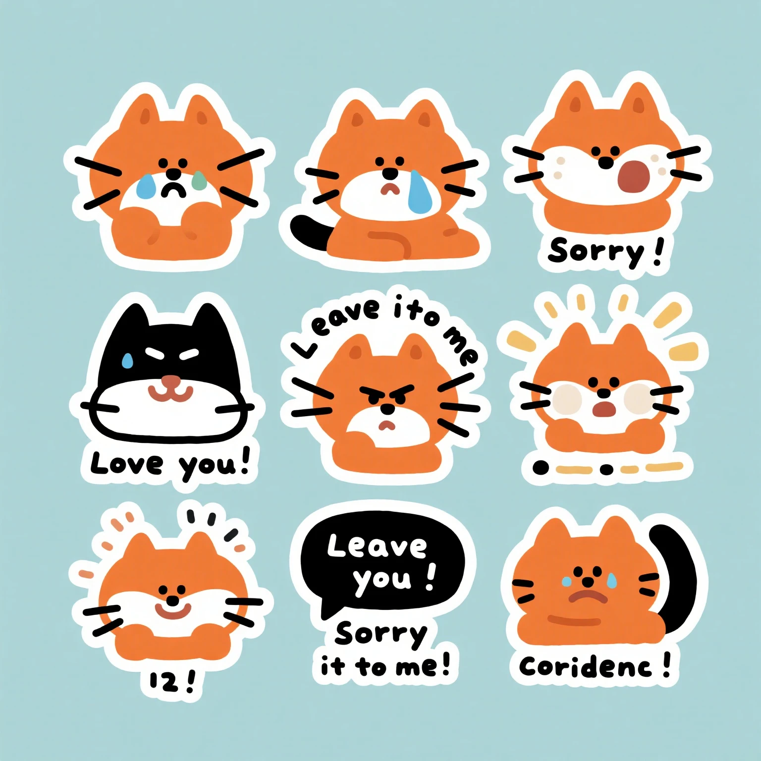 Sticker sheet of a cute and expressive orange chibi cat. A set of 12 stickers, each showing a different emotion or action like crying, cheering, angry, sorry, and confident. Each sticker has a corresponding text label (e.g., "Sorry!", "Love you!", "Leave it to me!"). The style is clean, minimalist vector illustration with a thick white border, perfect for printing.