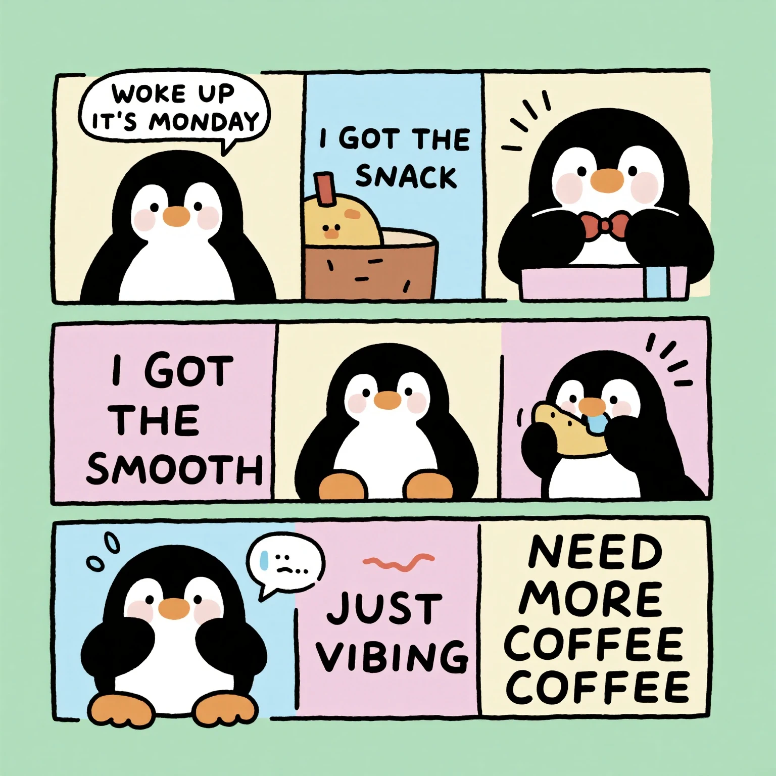 A 3x3 comic grid featuring a cute cartoon penguin expressing different daily moods. Each panel has a simple pastel background and a text caption. The panels include: "WOKE UP IT'S MONDAY", "I GOT THE SNACK", "SMOOTH", "JUST VIBING", "NEED MORE COFFEE". The art style is simple, cute, and expressive with bold outlines.