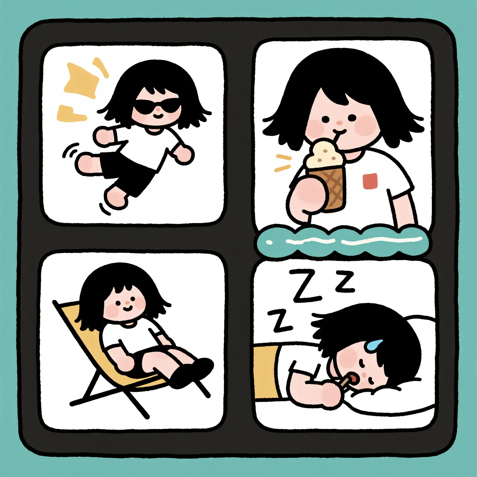 A character sheet of a cute chibi girl with short black hair and a white t-shirt. A set of 4 illustrations on a plain white background. The poses are: 1. Relaxing on a deck chair wearing sunglasses. 2. Jumping with joy. 3. Eating an ice cream cone. 4. Yawning sleepily with "Z Z" symbols. The style is minimalist, clean lines, and adorable.
