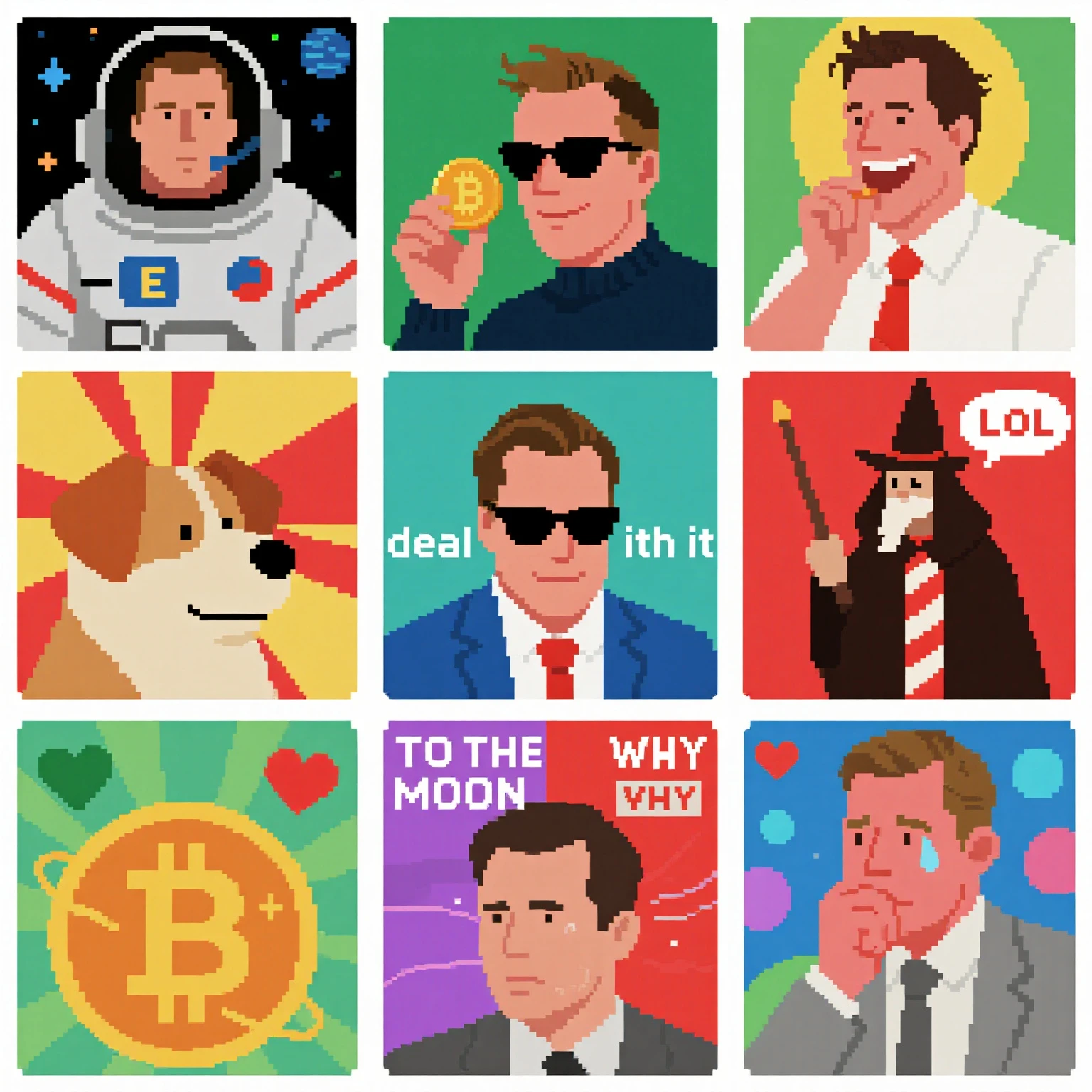 A 3x3 grid collage of Elon Musk memes in 16-bit pixel art style. Each panel has a different theme: 1. Elon Musk as an astronaut. 2. Elon Musk with a punk rock mohawk. 3. Elon Musk holding a Dogecoin. 4. Elon Musk laughing with "LOL". 5. Elon Musk wearing "deal with it" sunglasses. 6. Elon Musk as a wizard holding a wand. 7. Elon Musk crying with the word "WHY". 8. A portrait of Elon Musk with "TO THE MOON". 9. A thoughtful portrait of Elon Musk with a colorful abstract background.