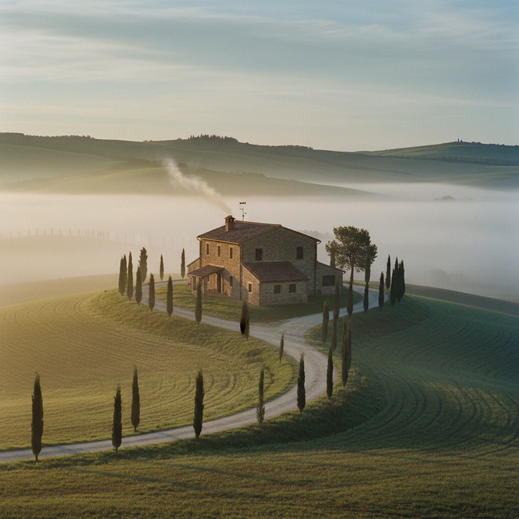 A breathtaking, National Geographic style photograph of a rustic stone farmhouse in Tuscany, Italy, at sunrise. A gentle morning mist blankets the rolling hills, partially obscuring the cypress trees that line a winding dirt road leading to the house. Warm, golden light from the rising sun breaks through the fog, illuminating the terracotta roof and a small wisp of smoke rising from the chimney. The scene feels timeless and tranquil. Shot on Kodak Portra 400 film for rich colors and soft grain. Wide-angle lens, capturing the grand scale and serene beauty of the landscape.