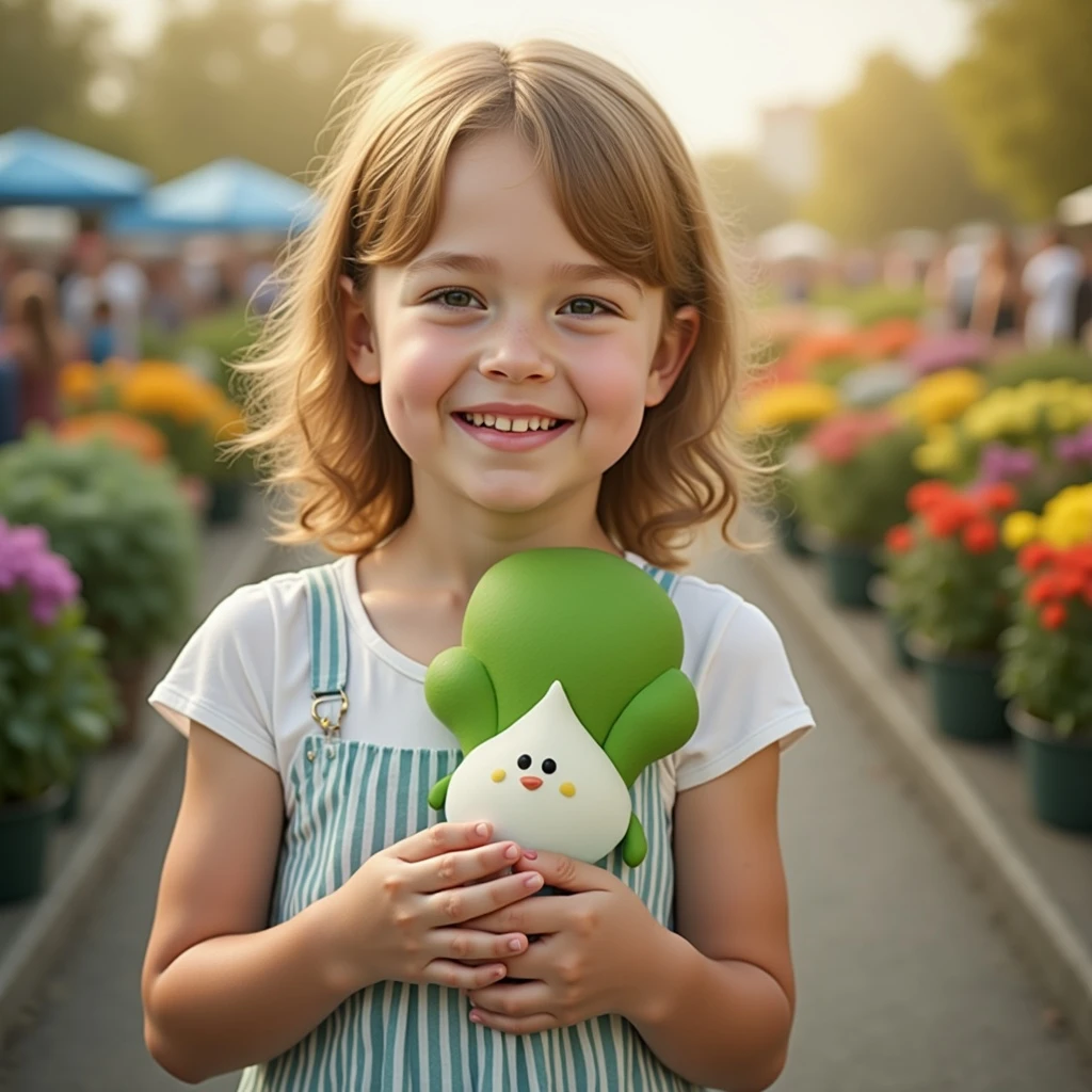 The girl is holding a cabbage doll.