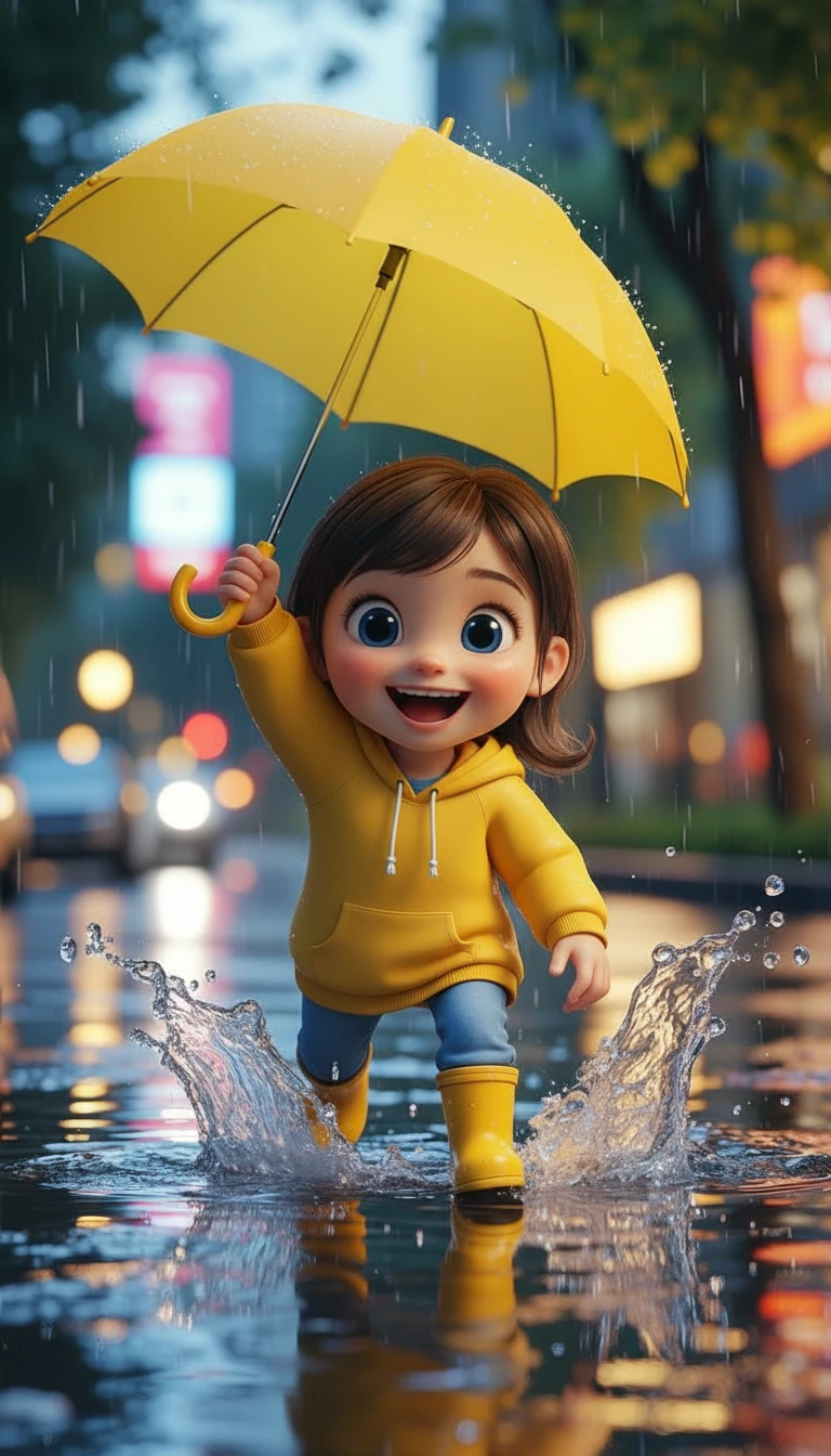 The girl changed into a yellow hoodie and held up an umbrella.