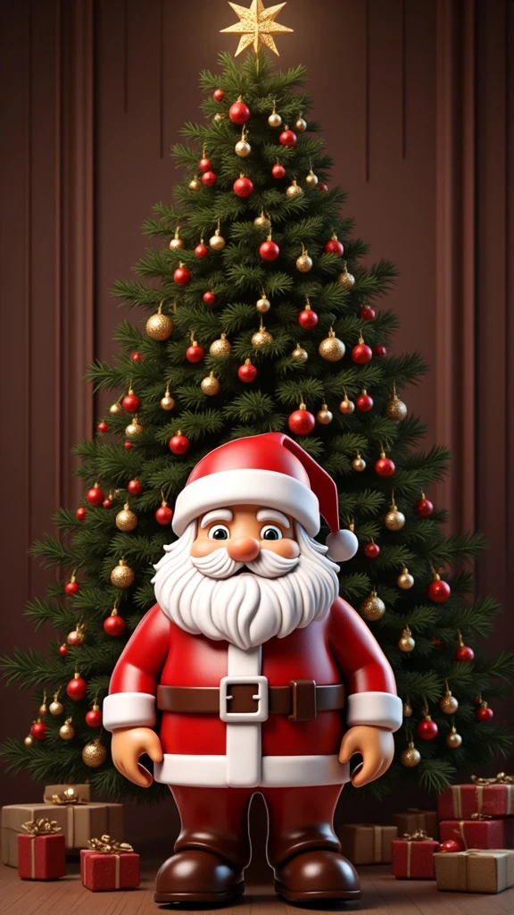 Santa Claus is standing in front of the Christmas tree.