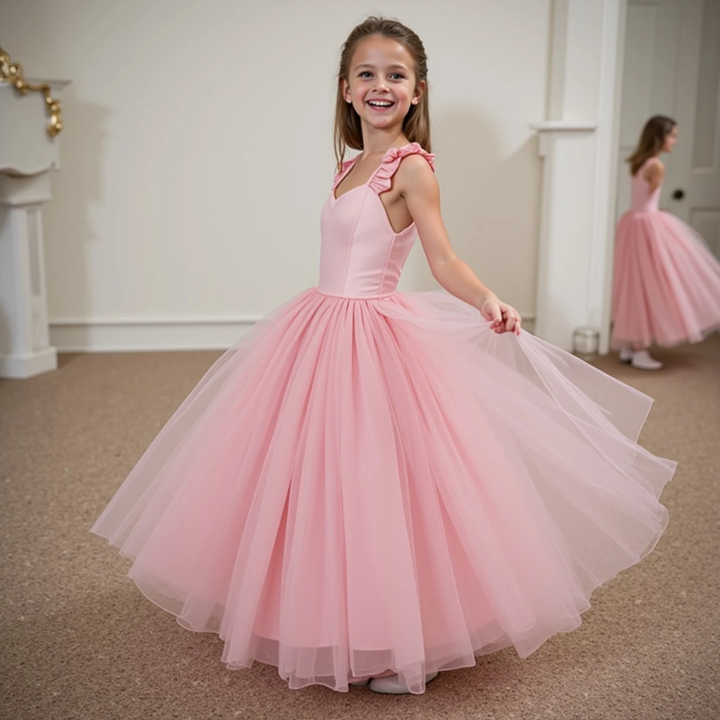 The girl puts on a dress.