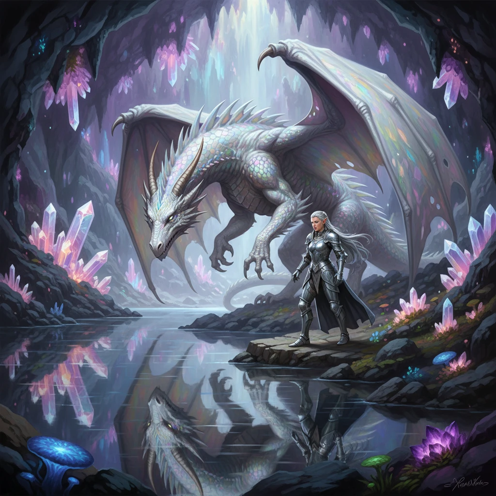 Epic fantasy art of a majestic white dragon with pearlescent scales, landing gracefully in a colossal underground cavern. The rider, a female elf in polished silver armor, dismounts. The cavern walls are lined with giant, glowing amethyst and quartz crystals that emit a soft, multi-colored ambient light. A serene underground lake reflects the shimmering crystals. The scene is peaceful and awe-inspiring, showcasing a hidden sanctuary. The crystals' light reflects beautifully off the dragon's scales and the elf's armor. Highly detailed, focusing on the interplay of light and reflective surfaces.