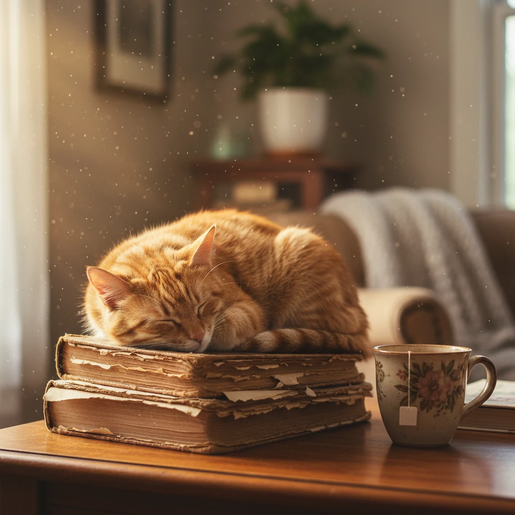 An ultra-photorealistic shot, capturing a lazy ginger cat sleeping peacefully on a stack of old books next to a window. Soft morning sunlight streams in, illuminating dust motes dancing in the air and highlighting the fine texture of the cat's fur and the worn paper of the books. A half-empty ceramic mug of tea sits nearby. The focus is sharp on the cat, with the rest of the cozy room gently blurred in the background. Shot with a Canon EOS R5, 50mm f/1.8 lens, natural lighting, serene and quiet mood.