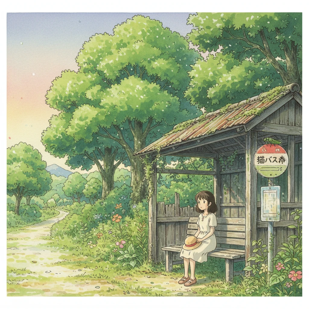 A beautiful anime scene in the style of Studio Ghibli. A young girl in a simple summer dress sits alone on a weathered wooden bench at a rural bus stop in the Japanese countryside. It's late afternoon, and the sky is a soft orange. The bus stop is surrounded by lush, overgrown greenery and towering, vibrant green camphor trees. A single cicada is visible on the signpost. The atmosphere is peaceful, slightly nostalgic, and filled with the quiet hum of summer. Beautifully detailed hand-drawn background, soft, warm color palette.