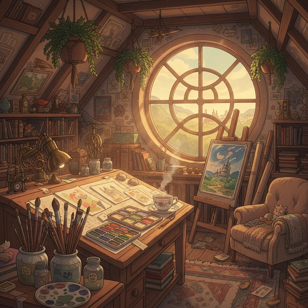 An interior scene in a cozy, cluttered attic art studio, Hayao Miyazaki aesthetic. Sunlight filters through a large, round window, illuminating a wooden desk covered in art supplies: watercolor palettes, jars of brushes, scattered sketches, and a half-finished painting of a landscape. A warm cup of tea steams gently. The room is filled with books, hanging plants, and interesting trinkets. The feeling is one of creative solitude and peaceful messiness. Rich details, warm and inviting light.