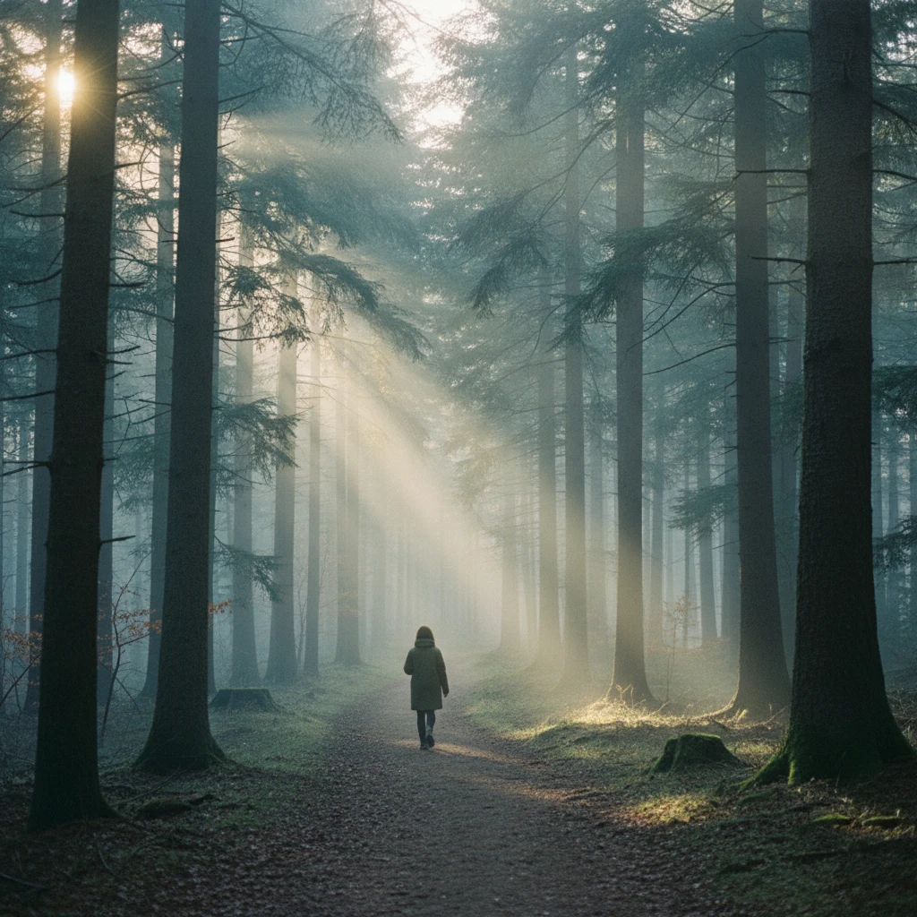 A cinematic film still of a person walking alone down a dirt path in a dense, misty forest at dawn. Sunbeams (volumetric light) cut through the thick fog and canopy of tall pine trees, creating a magical, ethereal effect. The person is a small figure in the grand landscape, wearing a warm coat. The color grading is slightly desaturated with cool, muted tones, evoking a sense of quiet introspection and profound peace. Shot on Kodak Portra 400 film for a soft, grainy texture.