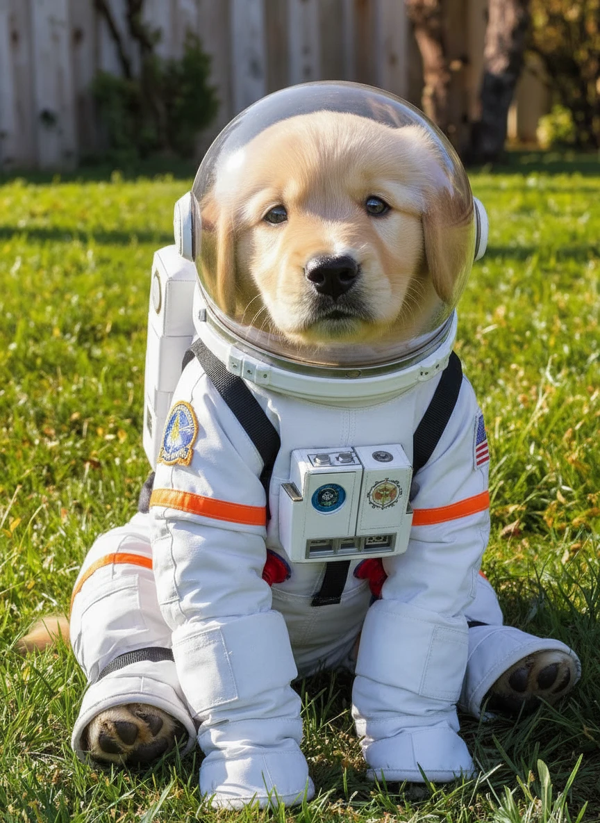Dress the puppy in an astronaut's suit