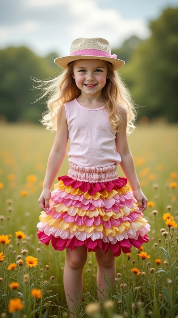 A girl wearing a petal skirt in the grass.