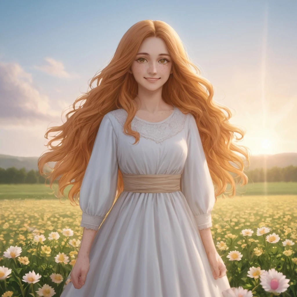 A young woman with natural freckles, long flowing hair, dressed in a soft pastel dress, standing in a blooming flower field during golden hour, dreamy sunlight, gentle smile, ethereal atmosphere.