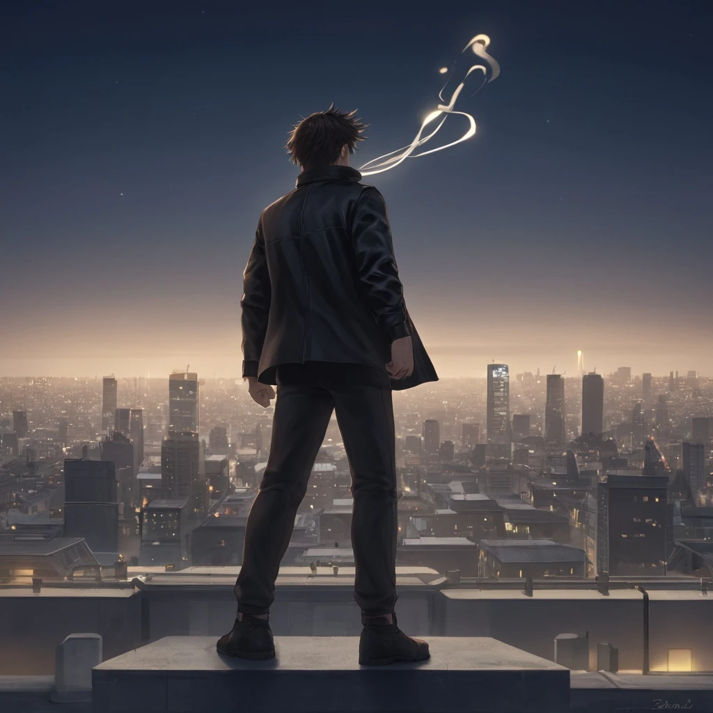 A strong male character with sharp features, wearing a modern leather jacket, standing on a rooftop at night with city lights in the background, wind blowing his hair, epic cinematic shot, dramatic lighting.