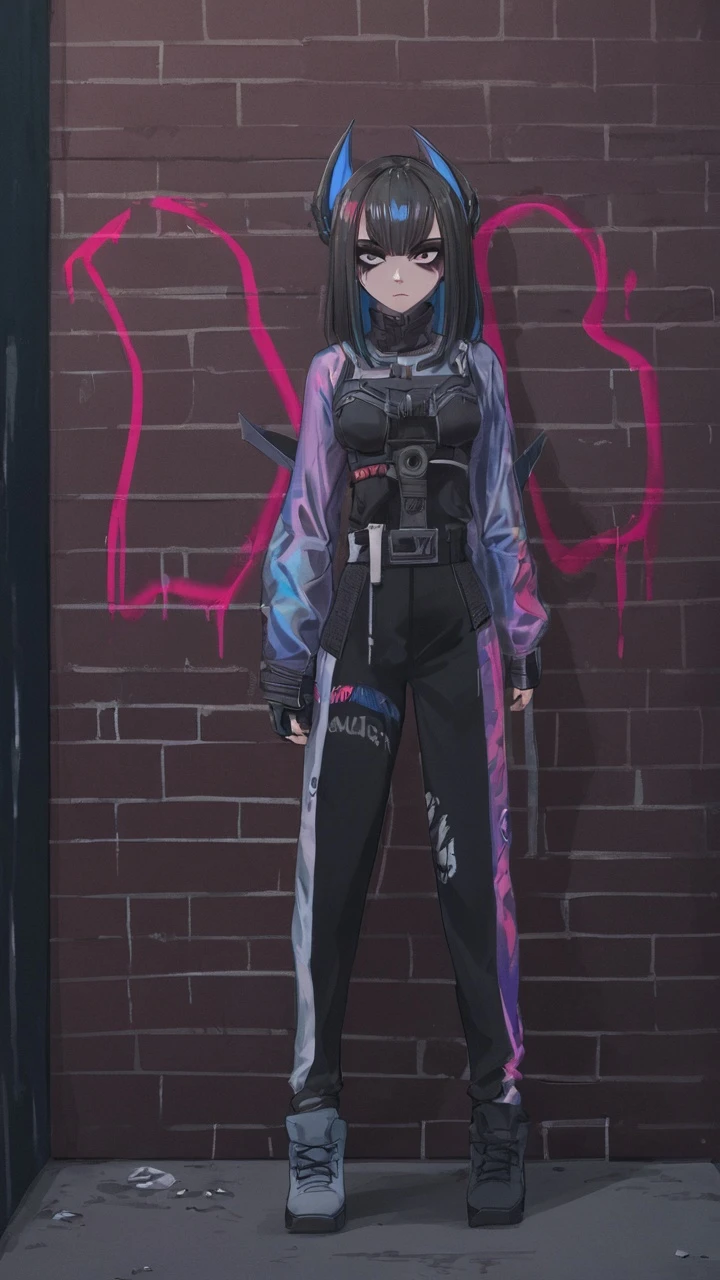 A mysterious woman with neon-colored streaks in her hair, dramatic eyeliner, wearing layered avant-garde clothes, standing in a dark alley with abstract graffiti, high-contrast, visually striking portrait.