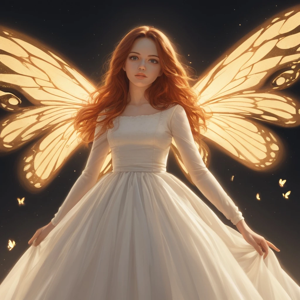 A young woman with flowing auburn hair, wearing a soft cream-colored dress, standing in a sunlit meadow with floating butterflies, golden hour lighting, dreamy and ethereal atmosphere, ultra-realistic style.