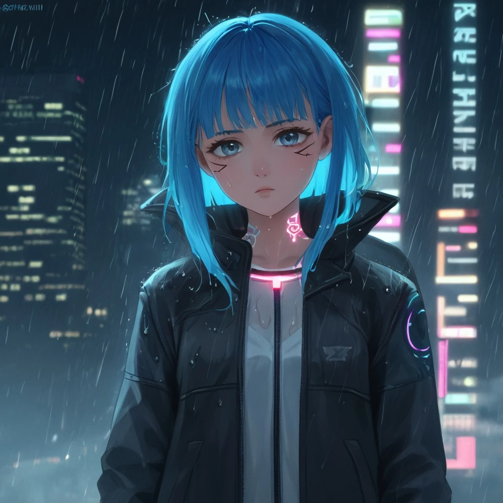 A young woman with glowing holographic tattoos and electric blue hair, wearing a reflective cyberpunk jacket, standing on a neon-lit rooftop, rain falling, cinematic reflections on wet asphalt, ultra-detailed sci-fi portrait.