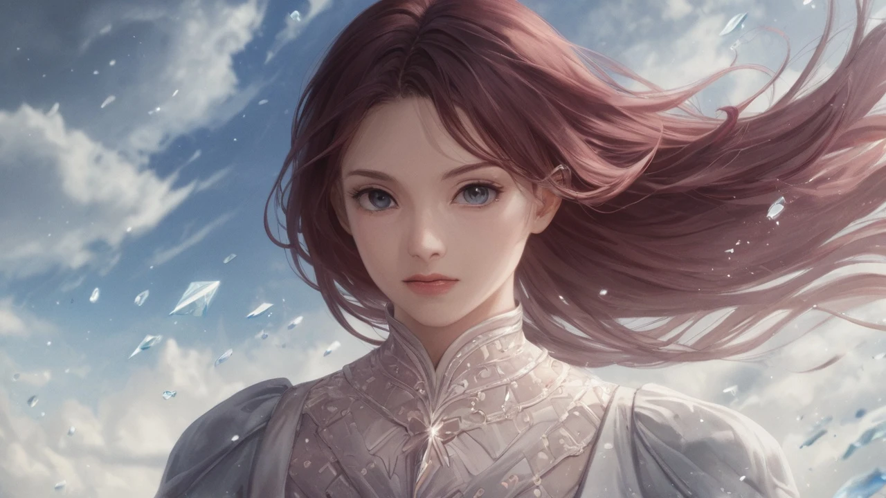 A young woman with iridescent hair that changes colors with light, floating above a swirling vortex of clouds, wearing a flowing crystalline gown, magical particles surrounding her, cinematic fantasy portrait, ultra-detailed.