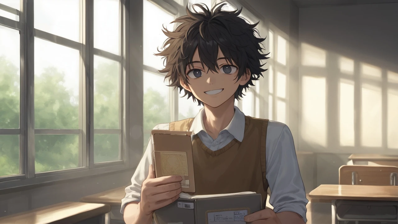A young man with messy hair and casual school outfit, leaning against a classroom window, holding a notebook, sunlight streaming in, smiling with bright eyes, soft-focus background, authentic youthful vibe.