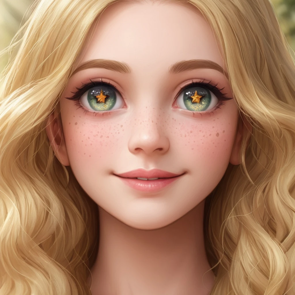 Close-up of a smiling teenage girl with freckles and long flowing hair, sunlight highlighting her face, sparkling bright eyes, natural makeup, soft golden hour glow, dreamy cinematic portrait, ultra-realistic.