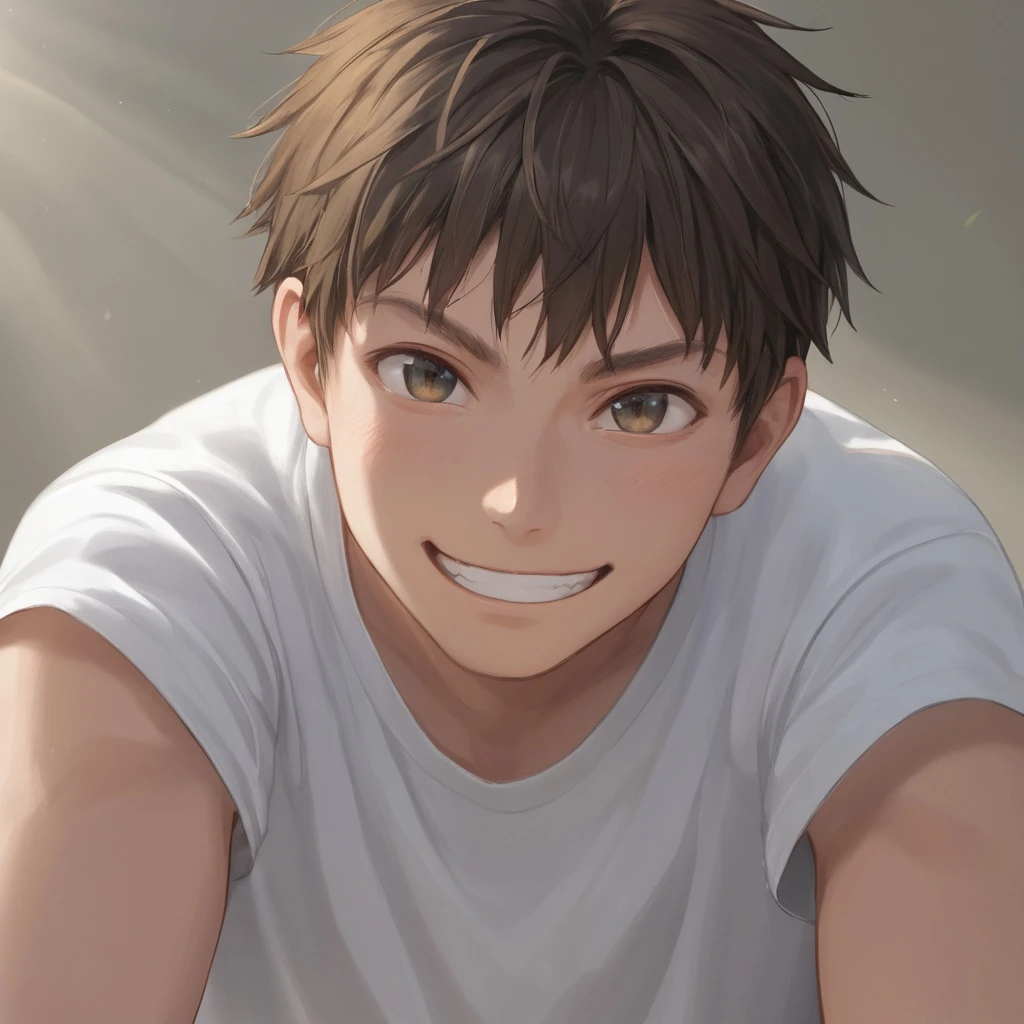 Close-up of a young man with tousled hair, wearing a casual t-shirt, leaning slightly forward, playful grin, sunlight streaming across his face, sharp and lively eyes, warm and energetic mood.
