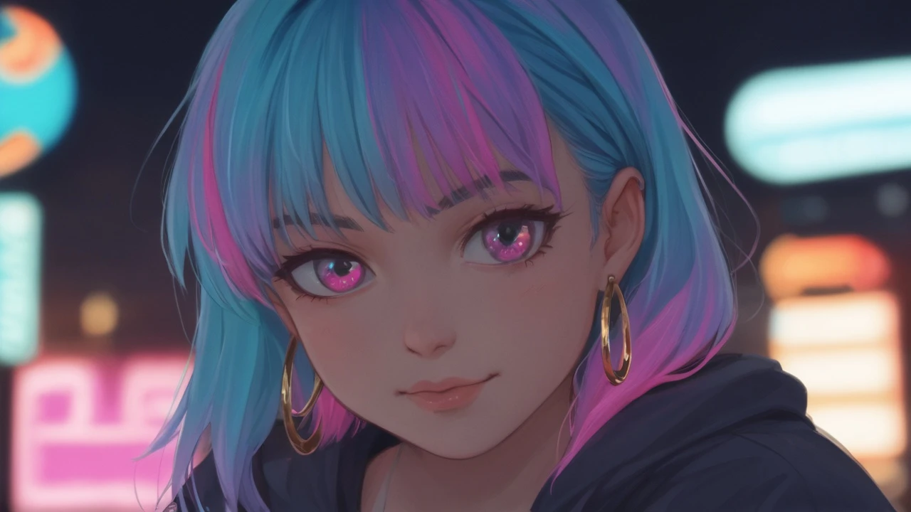 Close-up of a teenage girl with pastel-colored hair and hoop earrings, wearing an oversized hoodie, neon street lights reflecting in her eyes, confident expression, cinematic shallow depth of field, vibrant and striking.