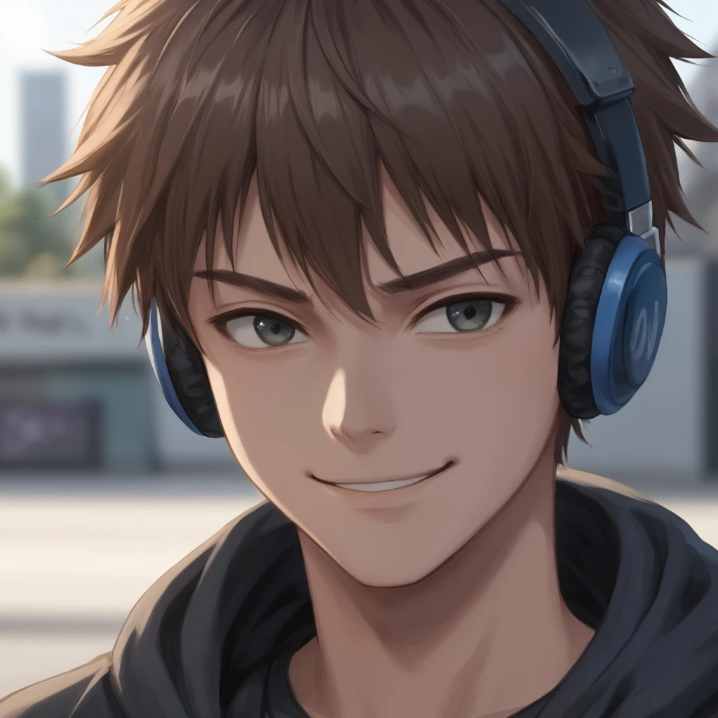 Close-up of a teenage boy with modern haircut, wearing headphones, smirking at the camera, urban graffiti blurred in the background, dramatic soft lighting, youthful and edgy vibe.