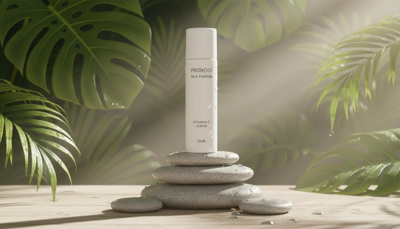 A natural spa-inspired skincare ad featuring Skin Formula Vitamin C Serum bottle placed on smooth stacked stones, soft mist in the background, sunlight streaming through tropical leaves, peaceful wellness aesthetic.