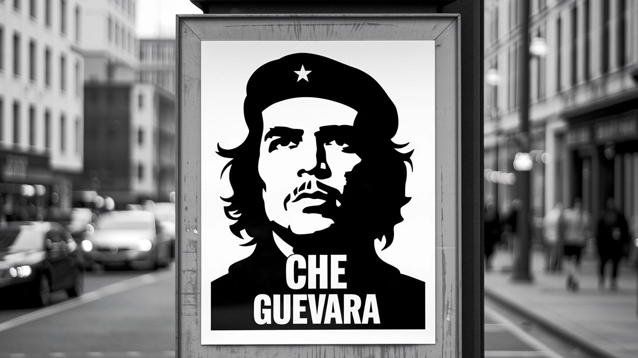 A poster of Che Guevara, black and white photograph, 1960s style, typography, revolution, bold san serif font, high contrast, red and black, graphic design, realistic photo, film grain.