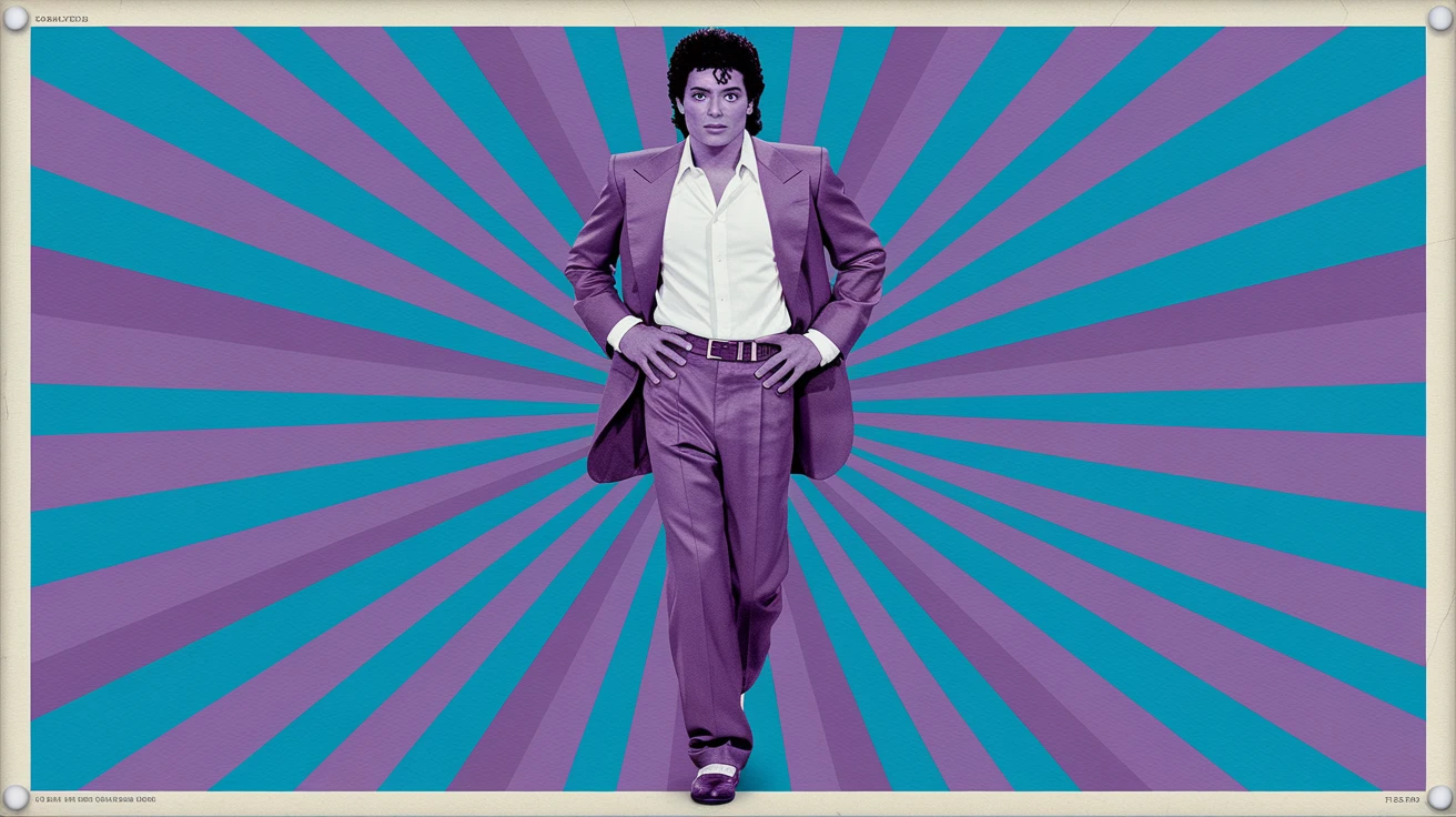 A vintage movie poster of Michael Jackson, 1980s style, typography, pop music, moonwalk, high contrast, bright colors, realistic photo, film grain