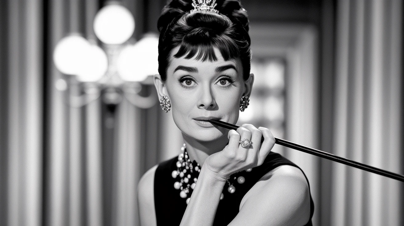 A classic movie poster of Audrey Hepburn, black and white, typography, romance, elegance, san serif font, high contrast, realistic photo, film noir style, grainy film.