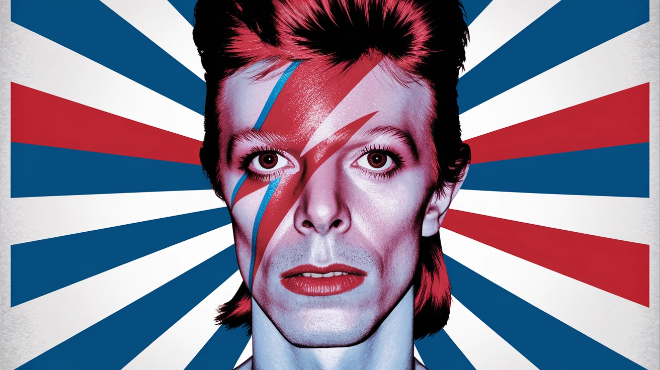 A vibrant and surreal poster of David Bowie, with iconic lightning bolt makeup, typography, Ziggy Stardust, high contrast, bold colors, red, blue and white, graphic design, realistic photo, pop art style, film grain