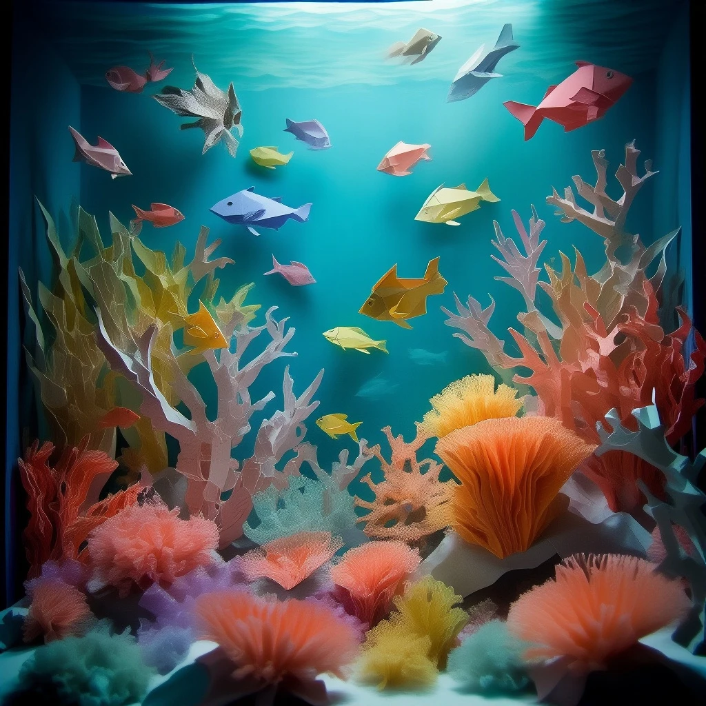 A vibrant coral reef ecosystem, teeming with fish and sea creatures, all made of intricate origami paper, volumetric lighting filtering through the water, macro photography style, clean and sharp details, pastel color palette.
