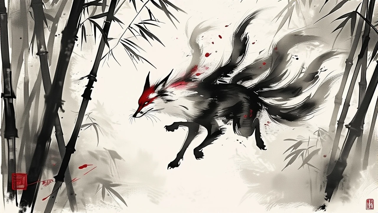An agile kitsune (fox spirit) warrior with nine tails, leaping through a bamboo forest. The movement is captured with fluid, expressive sumi-e (Japanese ink wash painting) brushstrokes. Minimalist color palette, mostly black and white with a splash of crimson red. Style of Vagabond (Takehiko Inoue) combined with Okami game art.