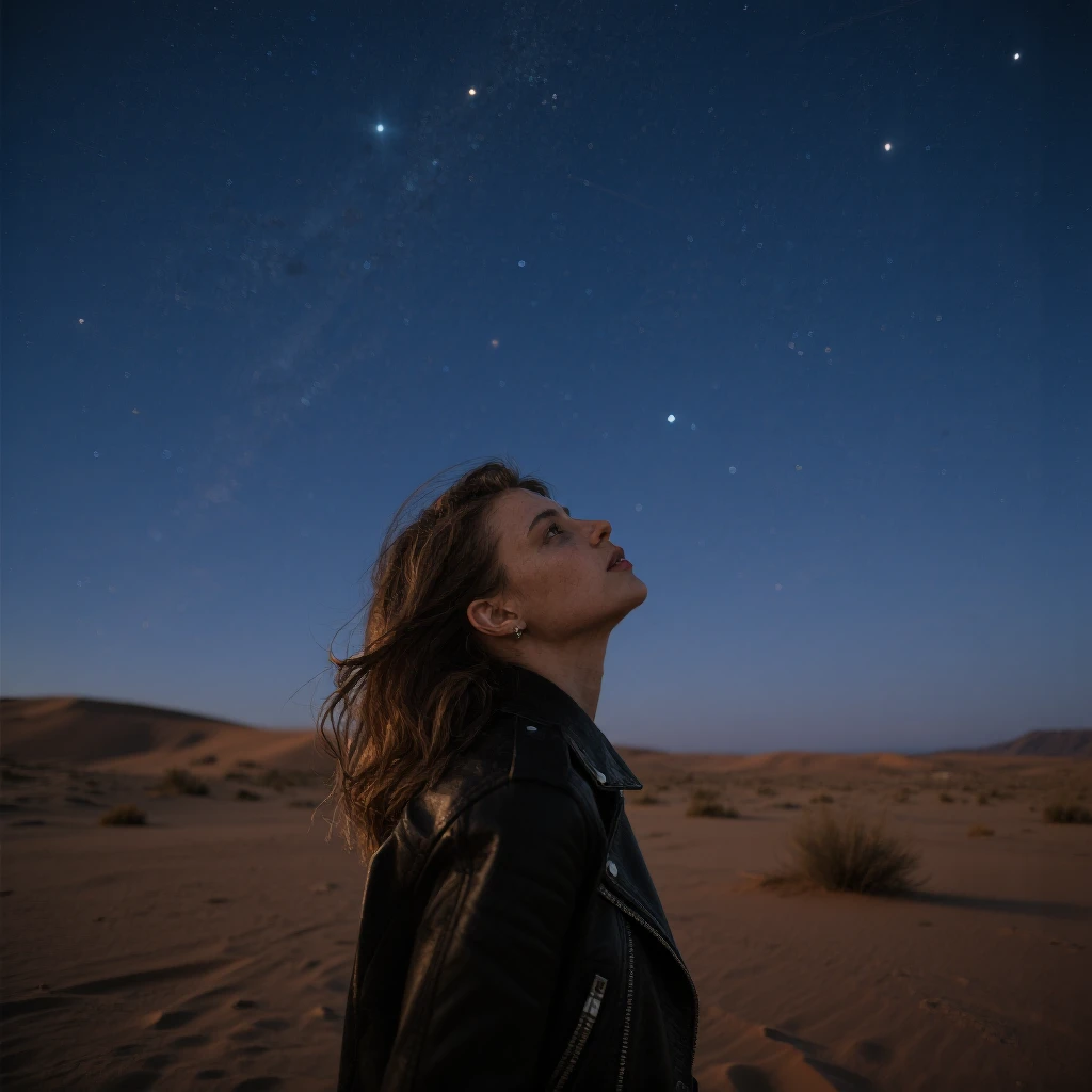 A woman stands in the desert, gazing up at the starry sky.